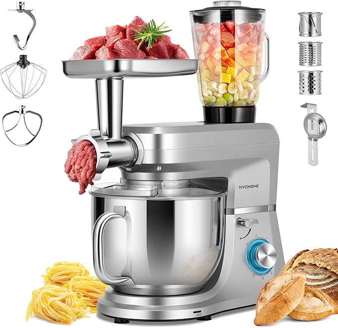 VIVOHOME 6 in 1 Multifunctional Stand Mixer with 8.5 Quart Stainless Steel Bowl, 660W 10 Speed Tilt-Head Meat Grinder, Juice Blender, Vegetable Slicer, Pasta and Cookie Maker, Silver
