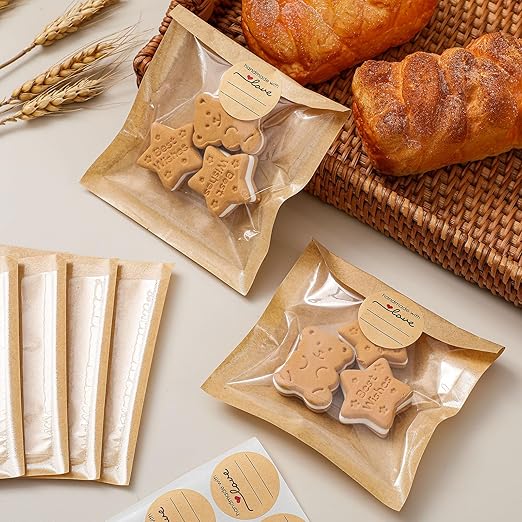 Outus 100 Pcs Cookie Packaging Bags with Seal, 4 x 4 Inch Bakery Pastry Bags with Window, Heat Sealable Grease Resistant Paper to Go Bake Sleeves for Gift Giving Donut Bread Sandwich (Brown)