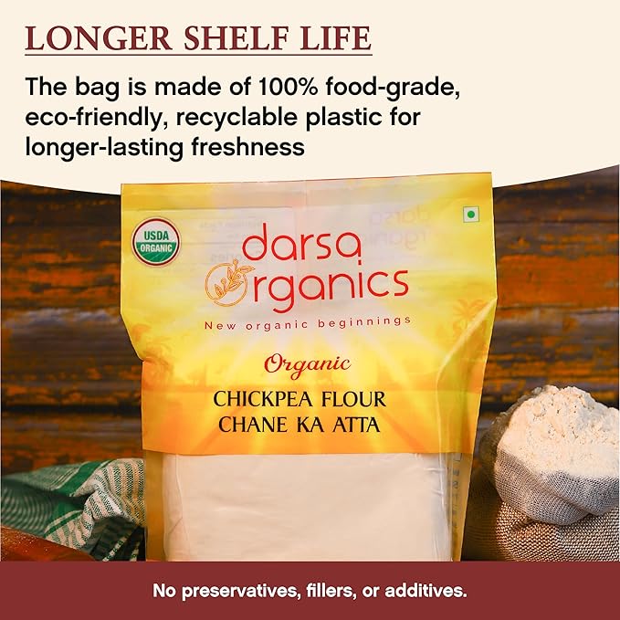 Darsa Organics Chickpea Flour, 2 lb - Premium Grade USDA Organic Certified Garbanzo Bean Flour, Besan for Cooking, Chane Ka Atta, Baking & Vegan Recipes, Gluten-Free, Non-GMO, Chemical-Free, Kosher, Vacuum-Sealed for lasting freshness