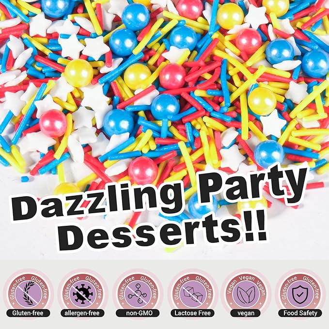 HUEBEATY 6-in-1 Sprinkles for Cake Decorating – 180g Red Blue Yellow Cake Sprinkles Mix with Flash Lightning Bolt Confetti, Jimmies, Nonpareils, Stars & Pearls – Edible Cakes, Cupcakes, Cookies & Ice Cream Topper Decorations (Primary)