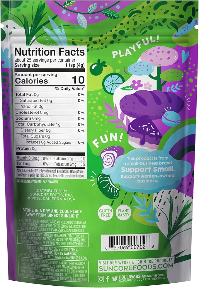 Suncore Foods Emerald Pandan Leaf Powder, Green Food Coloring Powder, Gluten-Free, Non-GMO, 3.5oz (2 Pack)