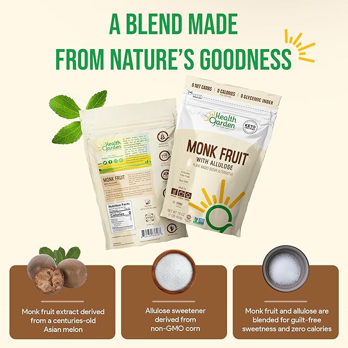 Health Garden Monk Fruit with Allulose Sweetener - Natural Plant-Based Sugar Alternative with Zero Calories - Ideal for Keto Diets, Gluten-Free, Vegan, and Non-GMO - 2.5lb