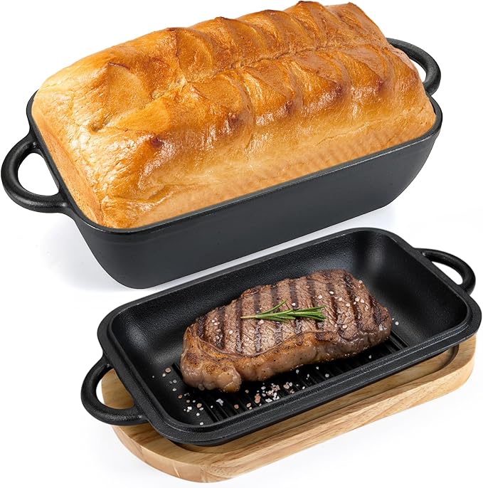 2 in 1 Cast Iron Bread Loaf Pan with Lid and Oak Serving Board, 14 x 7 Inch Covered Baking Set for Homemade Bread, Meatloaf, Ideal Gift for Home Cooks, Bakers, Family, Cooking Enthusiasts