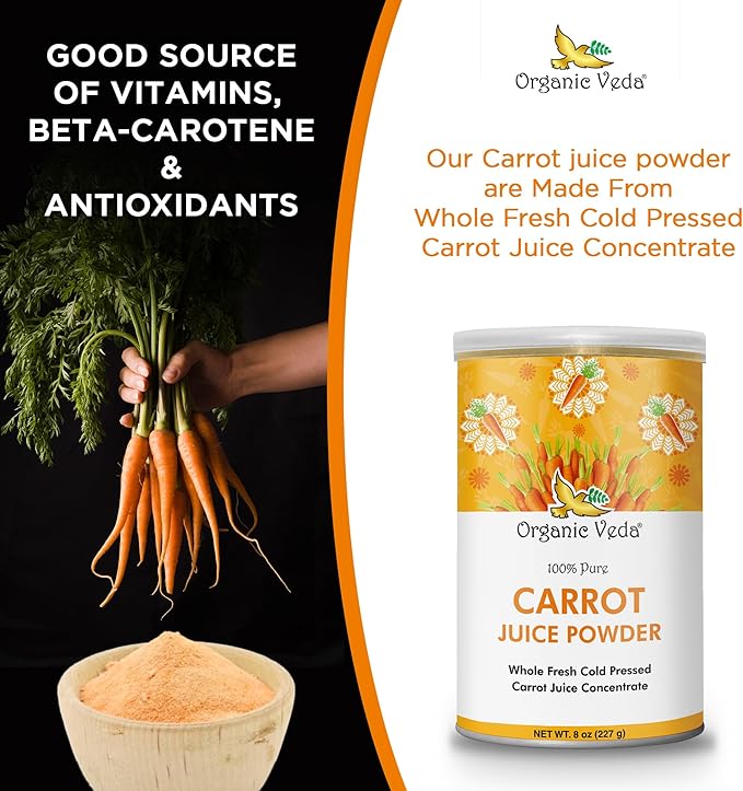 Organic Veda Carrot Powder - Made with Whole Fresh Cold Pressed Carrot Juice Concentrate - Ideal for Juice, Smoothie, Baking & Cooking - 100% Pure & Natural, 8 oz