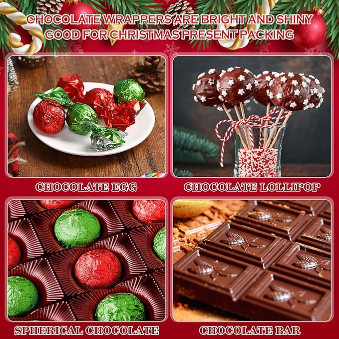 400 Sheets Christmas Foil Chocolate Candy Wrappers Aluminum Tin Foil Wrapping Paper for Packaging Decoration Red Green Wrappers DIY Baking Homemade Food Party Favors 6 x 6 Inches