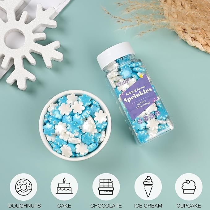 Winter Sprinkles for Cake Decorating, White & Blue Snowflake Candy Sprinkles Perfect for Cupcake Toppers Wedding Party Valentines Halloween Christmas Supplies 3.52 Ounce