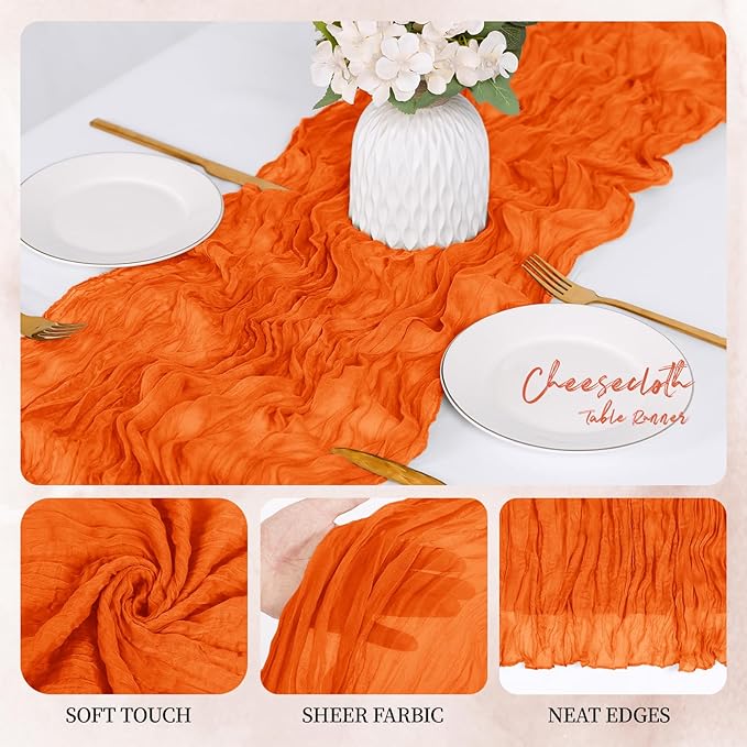 12 Pack Orange Cheesecloth Table Runner 17x108 Inch Semi Sheer Boho Gauze Cheese Cloth Fabric Table Runners, for Wedding Party Baby Shower Birthday Home Decor Garden Farmhouse