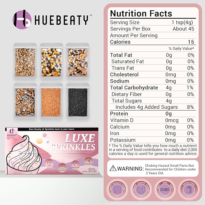 HUEBEATY 6-in-1 Halloween Sprinkles Set – 180g Edible Fall Thanksgiving Pumpkin, Ghost & Bat Confetti Mix with Black & Orange Sugar Crystals, Nonpareils & Jimmies – Spooky Cupcakes, Cookies & Cakes Decorating Toppings