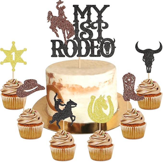25Pcs Glitter Cowboy Cake Toppers Western Theme Cupcake Picks with Horseshoes, Hats & Boots for Baby Shower & Boys Birthday Party Decorations