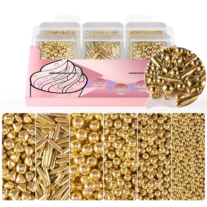 HUEBEATY 6-in-1 Metallic Gold Dragees Sprinkles for Cake Decorating, Cupcakes & Cookies | 180g/6.36oz | Birthdays, Weddings, Holiday, Christmas Fancy Gold Cake Candy Pearls Sprinkles and Decorations