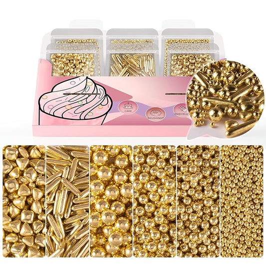 HUEBEATY 6-in-1 Metallic Gold Dragees Sprinkles for Cake Decorating, Cupcakes & Cookies | 180g/6.36oz | Birthdays, Weddings, Holiday, Christmas Fancy Gold Cake Candy Pearls Sprinkles and Decorations