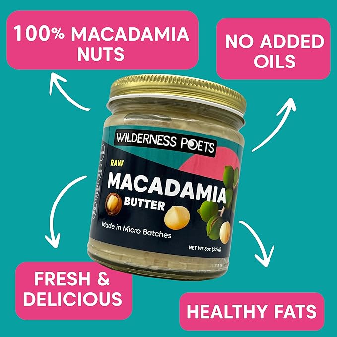 Wilderness Poets, Raw Macadamia Nut Butter - Vegan, No Salt (8 Ounce) - Glass Jar (Pack of 2)
