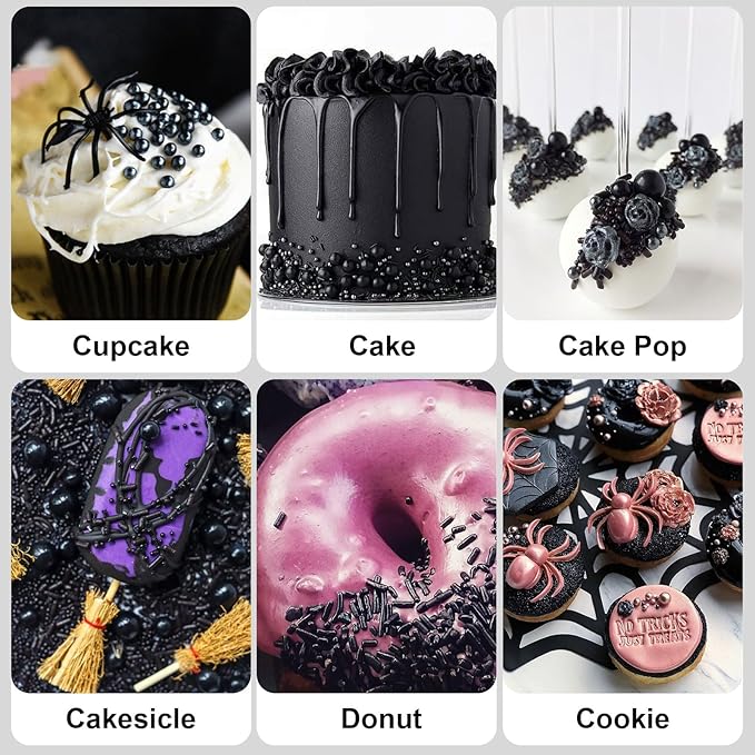 HUEBEATY 6-in-1 Black Edible Cake Pearls Sprinkles for Cake Cookies Decorating and Baking | 180g/6.36oz | Black Sanding Sugar for Cookies | Edible Graduation, Halloween Sprinkles and Decorations
