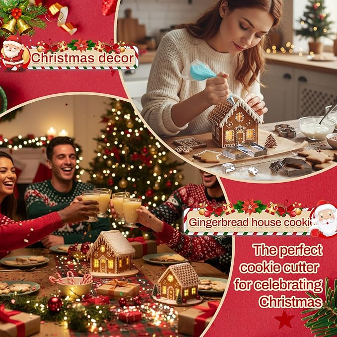 4 Set Gingerbread House Cookie Cutters with Piping Bags Tips Set Christmas Cookie Cutters 3D Gingerbread House Kit for DIY Christmas Holiday Biscuit Cake Dough Fondant Baking Dough Tool Gift