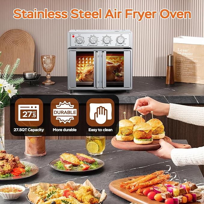 PlumChef 27.5 Quart Extra Large 6 Slices Air Fryer Convection Toaster Oven, French Door, 1700W, Multifunction Oven for Air Fryer, Toast, Grill, Defrost, Bake, Time and Temperature Controls, Silver