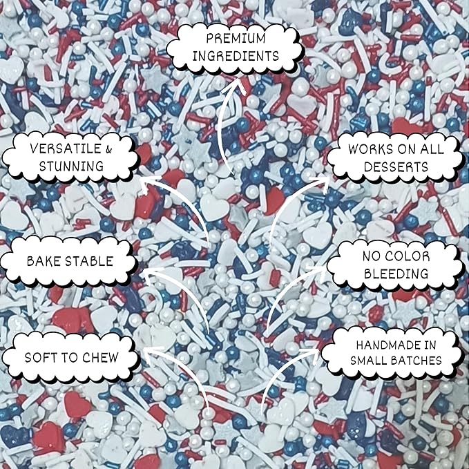 Confect Cake Mate Edible Dessert Sprinkles –Red, White & Navy Blue Colorful Baking and Cake Decorating Sprinkles for Cupcakes, Cookies, and Ice Cream Toppings | Vegan, Gluten-Free, Soy-Free, Dairy-Free, Palm Oil-Free- 4.2 Oz