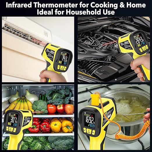 Infrared Thermometer Gun,-40°F to 1472°F,Digital Laser Temperature Gun with Thermocouple Probe,Non-Contact IR Temp Gun for Cooking, Pizza Oven, HVAC, Engine, Griddle, Adjustable Emissivity&MAX