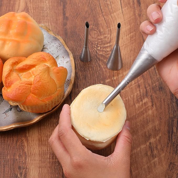 3 Pcs Puff Cream Filling Piping Tips Kit, Long Piping Nozzle with 50 Disposable Bags and 1 Pcs BrushCream Filling Nozzles for Donuts Puff Eclairs Pastry Decorative