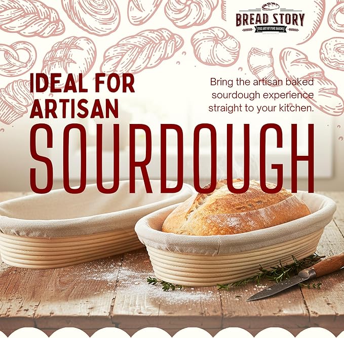 Bread Story Oval Banneton Bread Proofing Basket – 14x6" Oval Sourdough Proofing Basket with Cloth Liner – Handmade Natural Cane Brotform Bowl for Rising, Baking & Artisan Loaves