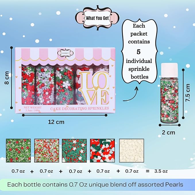 Confect Christmas Sprinkles | Sprinkles for Baking & Cake Decorative | Assorted pack of 5 Silver, Red, Green & White I Heart, stars, Snowflakes sparkling sugar | Cookie sprinkles| Dessert Decorating