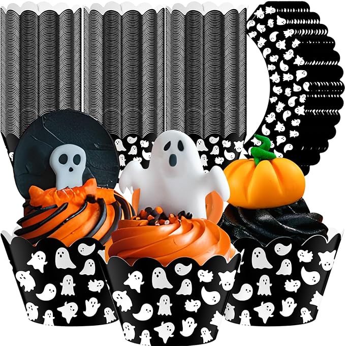 Domensi 100 Pcs Halloween Ghost Cupcake Wrappers Cupcake Liners Ghost Baking Cups Baking Liners for Wedding Bridal Baby Shower Birthday Halloween Party Supplies Dessert Decoration