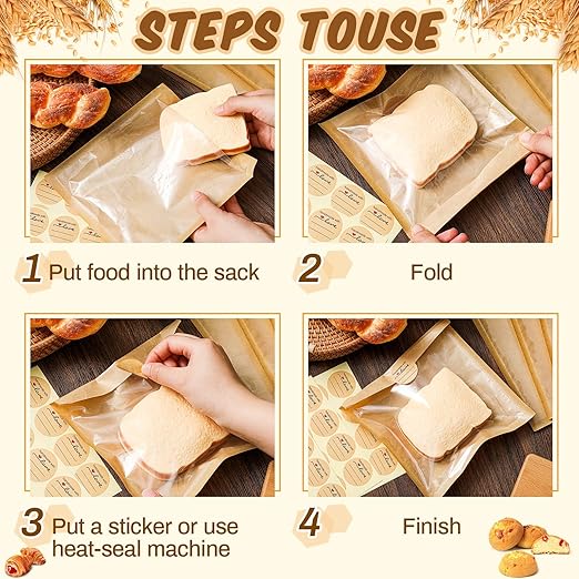 Outus 1500 Pcs Cookie Packaging Bags with Seal, 7.1 x 7.5 Inch Bakery Pastry Bags with Window, Heat Sealable Grease Resistant Paper to Go Bake Sleeves for Gift Giving Donut Bread Sandwich (Brown)