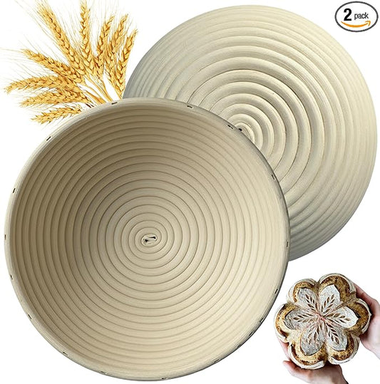 [Upgraded] Banneton Bread Proofing Basket 2 pack 9" Round With Liner, Natural Rattan Basket Perfect for Professional & Home Sourdough Bread Baking, Artisan Sourdough Bread. (Set 2 pack 9" Round)