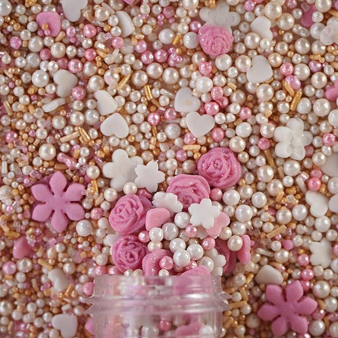 Confect Pink and White Rose Sprinkles Mix with Pearl Decorations – Edible Cake Topping for Cupcakes, Cookies, Desserts – Celebration Baking Decoration – Vegan, Gluten-Free, Nut-Free, Soy-Free, Dairy-Free , Handcrafted Sprinkle – 4.2 Oz