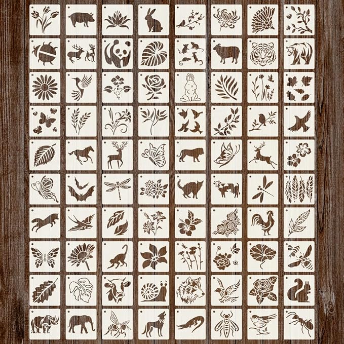 80Pcs Stencils for Painting, 3 Inch Reusable Small Stencil Flower Plant Animal DIY Craft for Rock, Walls, Canvas, Drawing, Art Scrapbook Home Decor.