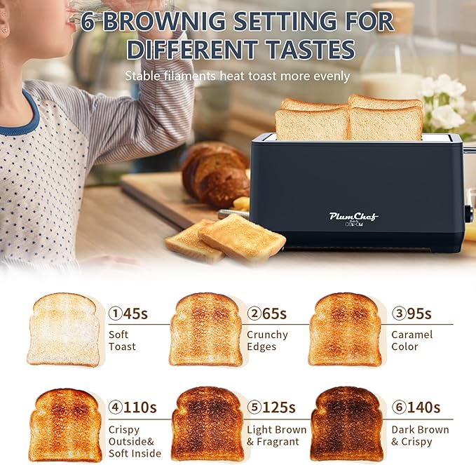 4-Slice Toaster, Extra Wide Long Slot Toaster, 6 Browning Settings, Bagel/Defrost/Reheat Functions, Removable Crumb Tray, Stainless Steel Housing (Matte Black)