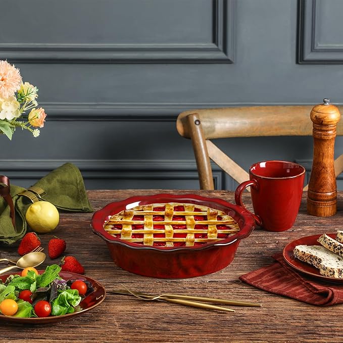 vicrays Ceramic Pie Pan for Baking - 9 inch Pie Plate, Round, Fluted and Deep Pie Dish for Tart, Pizza, Apple Pie, Quiche, Pot Pies, Cake - Reactive Glaze (Cherry Red)