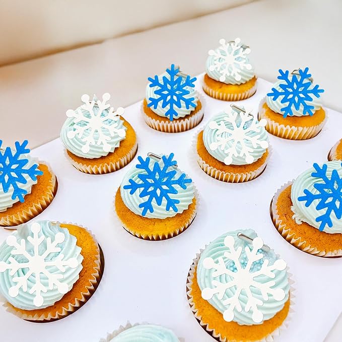 Gyufise 60Pcs Edible Snowflake Cupcake Toppers Winter Cupcake Picks Water Paper Winter Frozen Cake Decorations for Snowflake Theme Baby Shower Kids Birthday Party Supplies Blue White