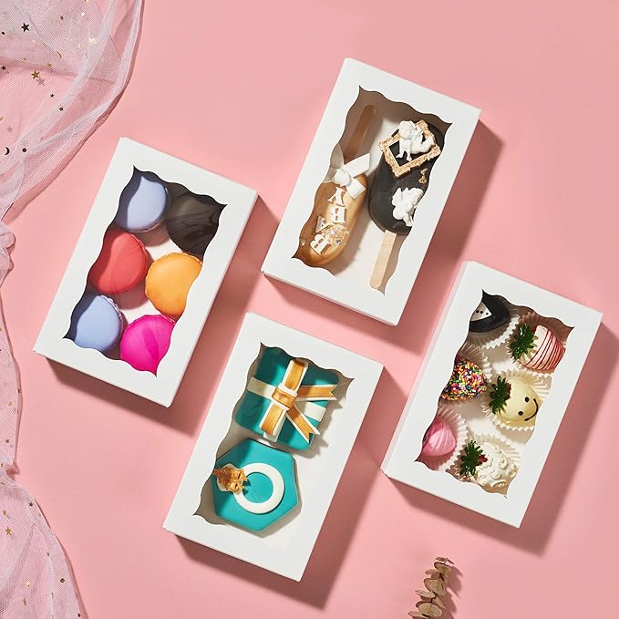 RomanticBaking 50 Pack White Cookies Boxes 7 x 4 3/8 x 1 1/2inches Auto-Popup Sturdy Bakery Boxes with Window,Macaron Boxes Hot Chocolate Bombs Boxes Cakesicle Boxes