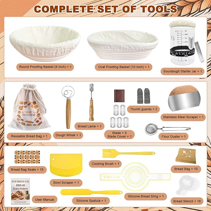 Sourdough Starter Kit,Sourdough Bread Baking Supplies, 9" Round and 10" Oval Banneton Bread Proofing Basket Set with Sourdough Starter Jar, Sourdough Bread Making Tools Kit Gifts for Women Wife Mom