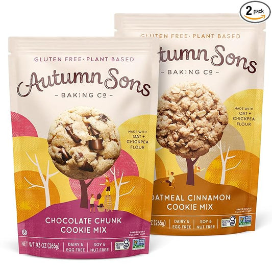 Autumn Sons Baking Co. Gluten Free Chocolate Chunk & Oatmeal Cinnamon Cookie Mix Combo Pack. Vegan Plant Based Baking Mix. Top 9 Allergen Free. 9.3 oz (Pack of 2)