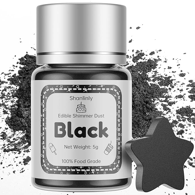 Shanlinly Black Edible Luster Dust - 5 Grams Food Grade Cake Dust Shimmer Powdered, Edible Metallic Powder Food Coloring for Cake Decorating, Chocolates, Fondant, Drinks, Painting & More, Vegan