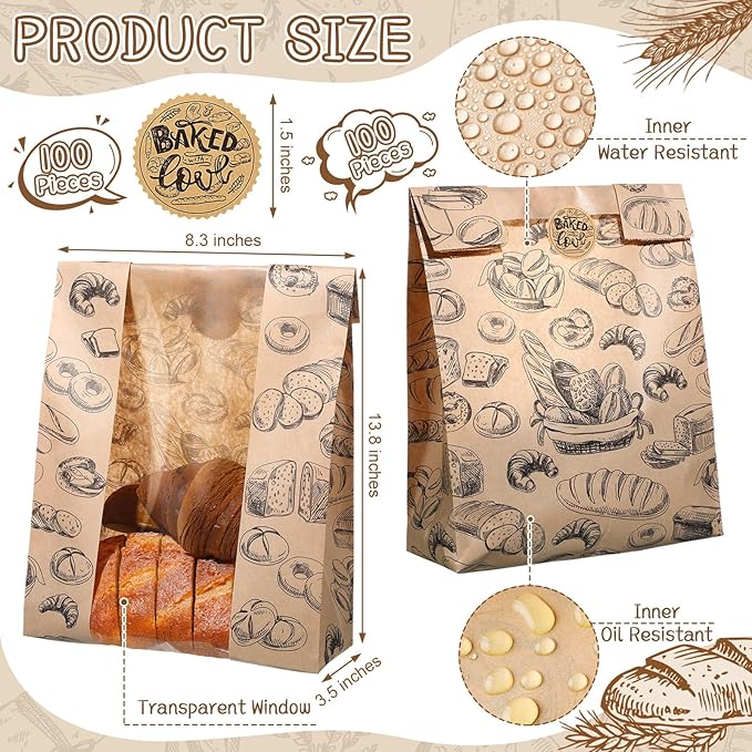 100 Packs Paper Bread Bags for Homemade Bread Sourdough 13.8 x 8.3 x 3.5 Inches Kraft Paper Bakery Bag with Window Label Seal Sticker for Baked Food Packaging Storage(Brown)