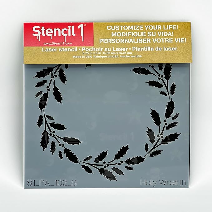 Stencil1 Holly Wreath Stencil – Reusable Winter Template for DIY Crafts, Holiday Decor, Painting on Wood, Fabric, Cards & More - 5.75" x 6"