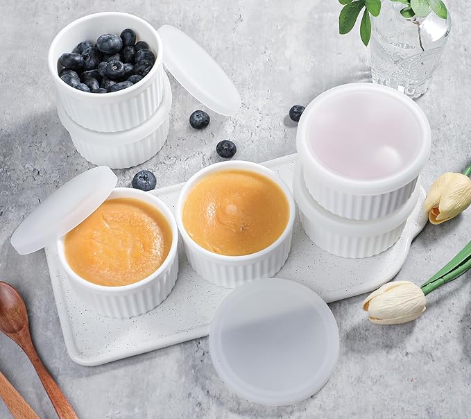 Koluti 8oz Nonstick Silicone Ramekins with Lids, 6-Pack Oven Safe Creme Brulee Baking Bowls Souffle Pudding Cups, Ice Cream Dessert Snack Food Storage Contianer, BPA Free, Freezer & Dishwasher Safe