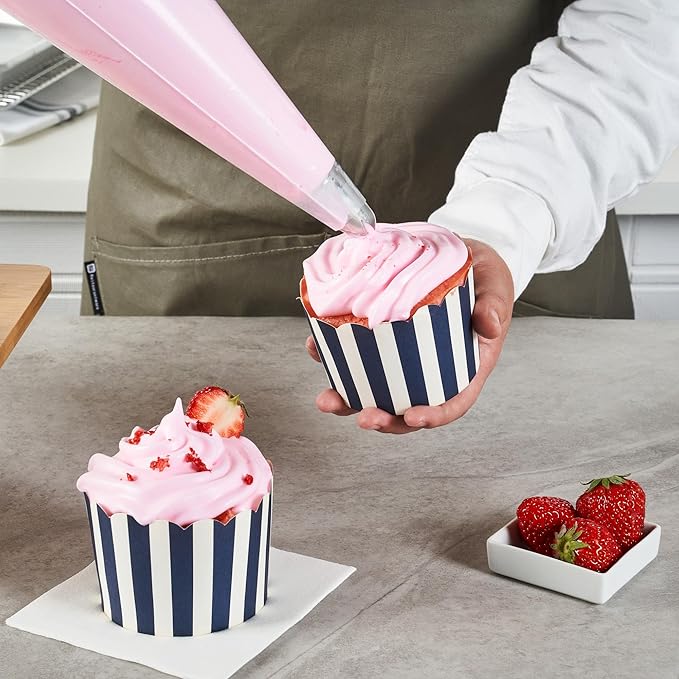 Panificio 10 Ounce Cupcake Wrappers, 200 Scalloped Baking Cups - Oven-Ready, Greaseproof, Blue Striped Paper Cupcake Liners, Disposable, For Birthdays, Baby Showers, Or Weddings - Restaurantware