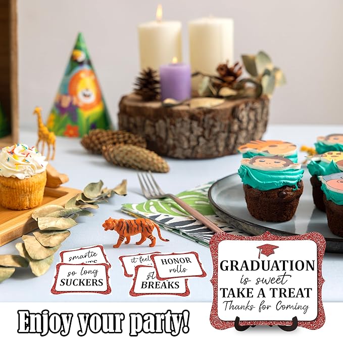 20PCS Graduation Candy Buffet Labels, 1 Red Glitter Candy Buffet Table Sign with Stand, Catering Supplies Display for Graduation Decorations Class of 2026 -A04-2