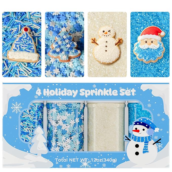Winter Sprinkles 4 Jars Christmas Sanding Sugar Snowflake Confetti Snowman Jimmies Baking Decorations for Holiday Cookies Cupcakes 12oz