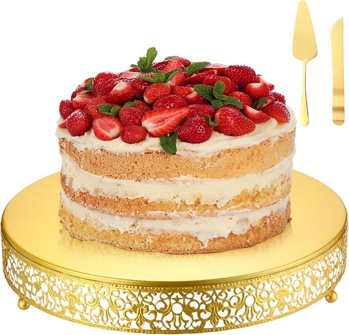 Wenqik 14 Inch Gold Cake Stand Set Metal Round Cupcake Dessert Stand with Cake Cutting, Spatula Cupcake Pastry Display Candy Holder Table Display for Wedding Party Birthday Baby Showers Anniversary