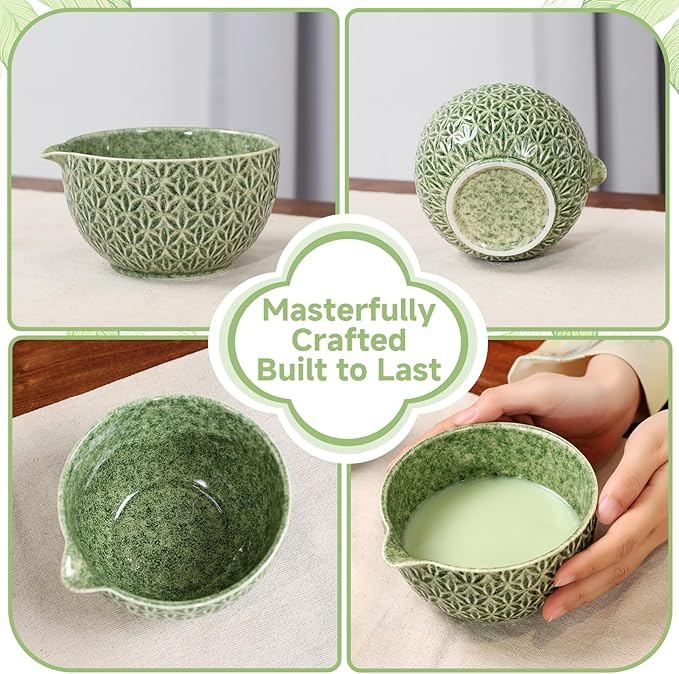 7 Pcs Matcha Whisk Set, Ceremony Matcha Kit with Matcha Bowl, Bamboo Whisk and Holder, Scoop and Scoop Rest, Sifter and Tea Towel, Gift for Matcha Lovers (Mottled Green/Bamboo Leaf-Patterned)