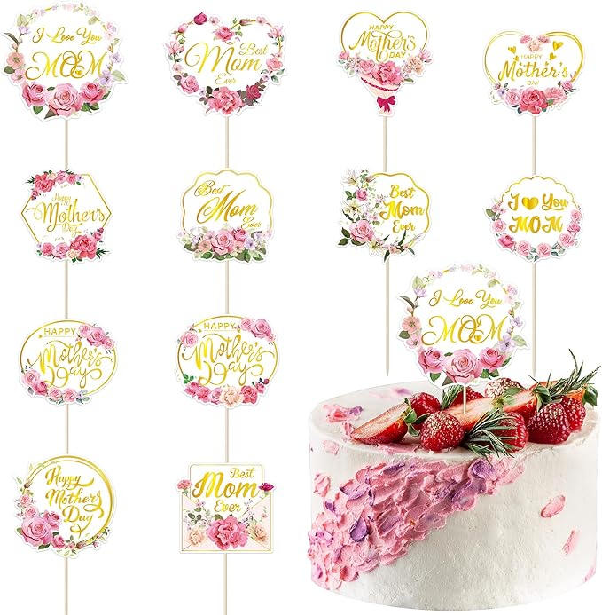 12 Pcs Happy Mothers Day Cupcake Topper, Flower Gold Foil Shape Mother's Day Cake Picks, Best Mom Ever Love You Mom Mother's Day Cake Sticks, Mom Cake Decorations for Mothers Day Party