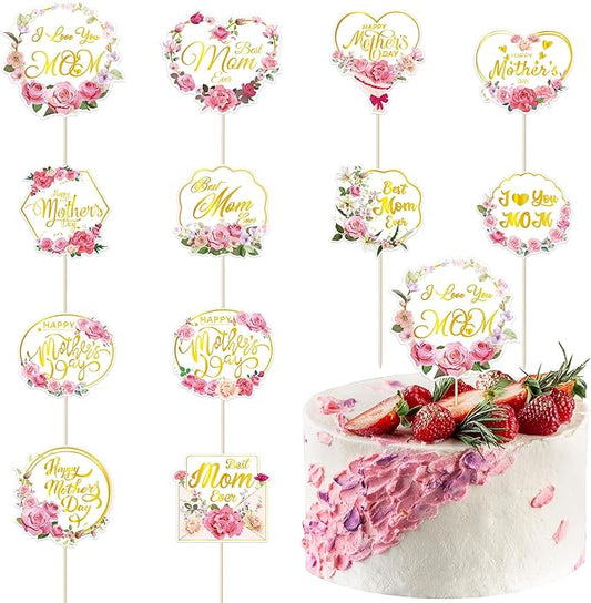 12 Pcs Happy Mothers Day Cupcake Topper, Flower Gold Foil Shape Mother's Day Cake Picks, Best Mom Ever Love You Mom Mother's Day Cake Sticks, Mom Cake Decorations for Mothers Day Party