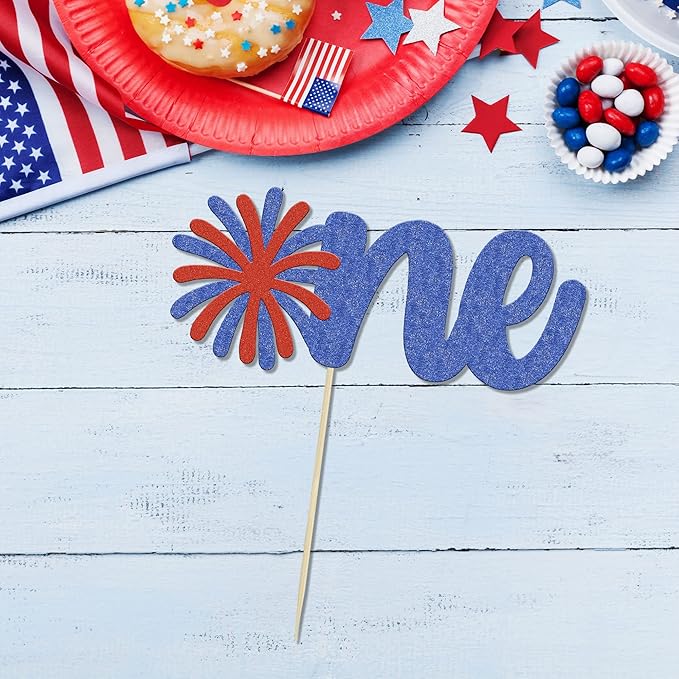 1Pc Happy Independence Day One Cake Topper Glitter Firework Happy 4th of July First Birthday Cake Decorations for Independence Day Theme Party Cake Decorations Supplies