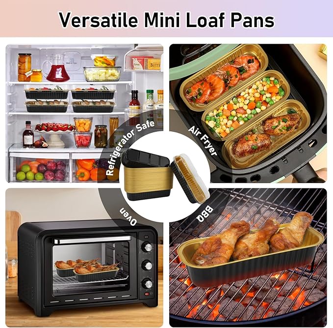 OcePor 50 Pack Mini Loaf Pans With Lids，Mini Cake Pans With Lids and Spoons，6.8oz Bread Loaf Pans Disposable，Small Aluminum Cake Tins,Baking Pans Individual (Black&Gold)