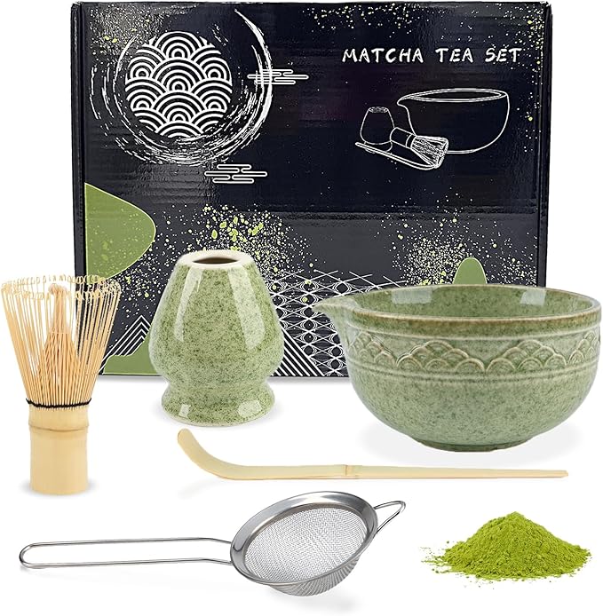 Japanese Matcha Whisk Set, 5-Piece Ceramic Bamboo Whisk Kit, Chawan Bowl 560ml/18.9oz | Complete Set for Traditional Matcha Making at Home, Ideal Gift for Tea Lovers (Green)