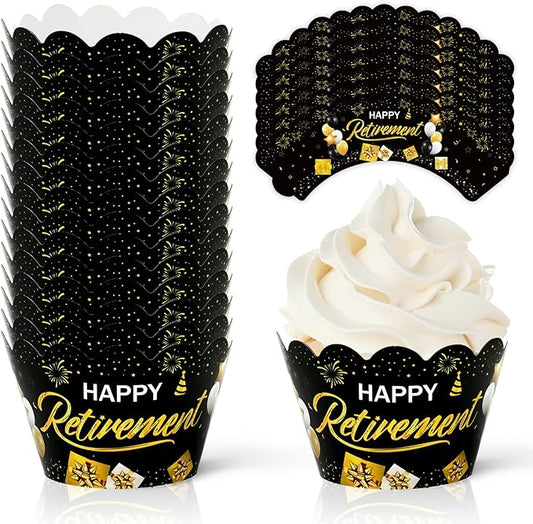 Whaline 36Pcs Happy Retirement Cupcake Wrappers Black Gold Retirement Cupcake Liners Decorative Cupcake Holders for Party Cake Dessert Decoration
